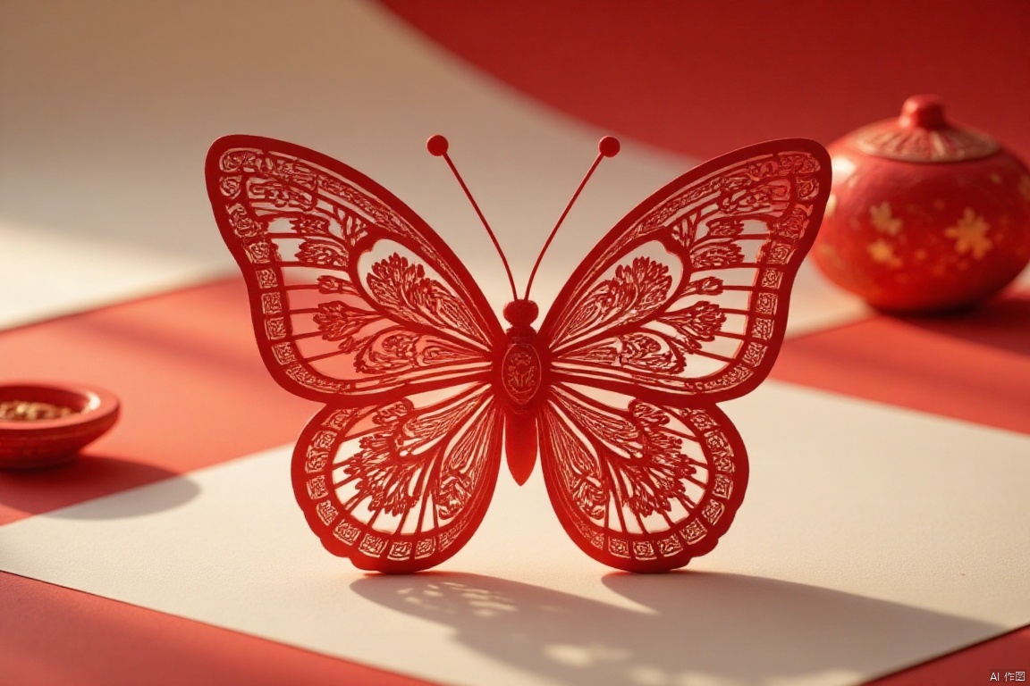 butterfly,symmetry,Chinese style paper carving, paper-cut style, light and shadow, intangible cultural heritage, details, 4K, red theme, close-up, depth of field,paper-carving,