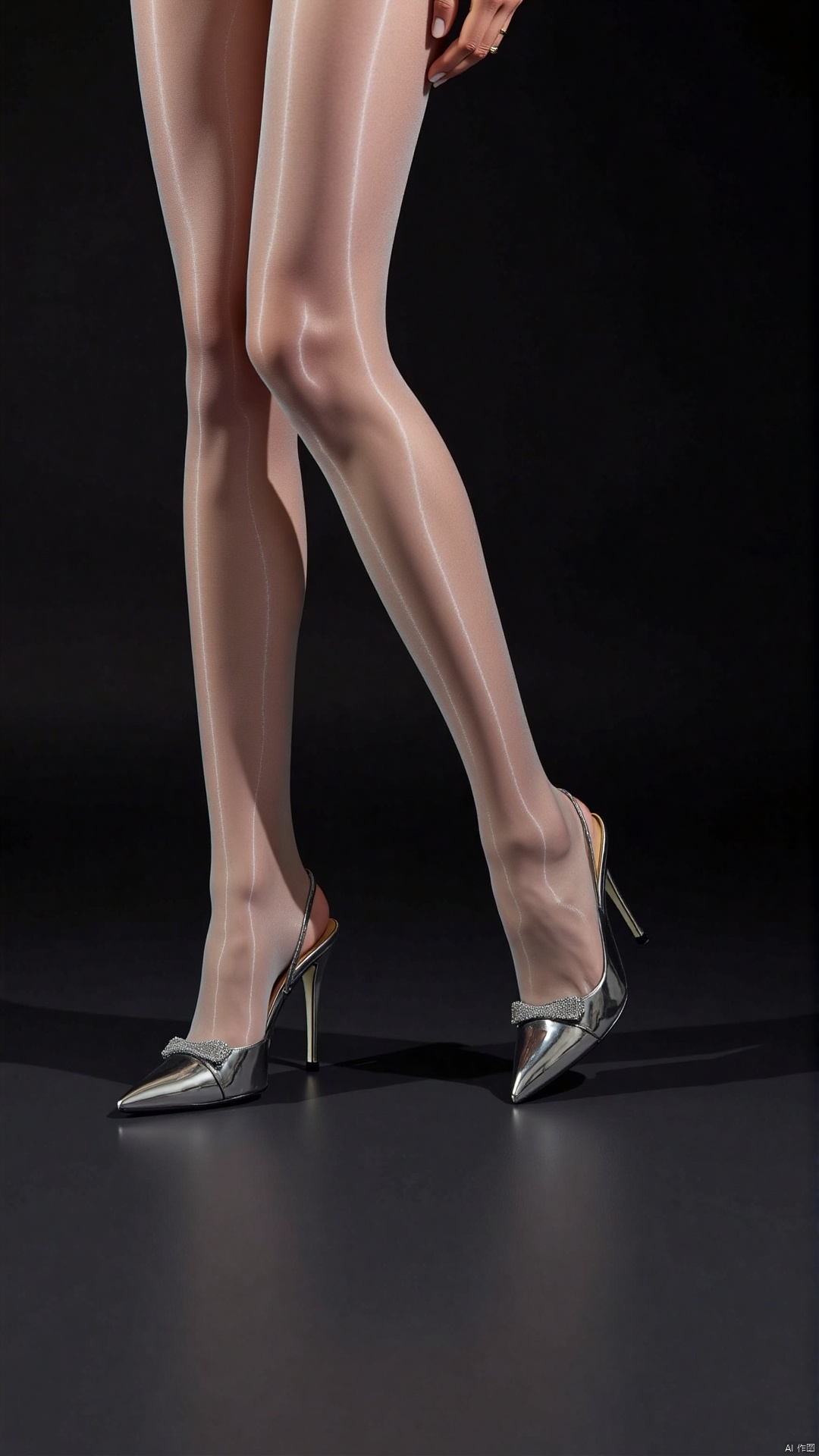 A low-angle shot frames legs clad in pearlescent pantyhose,  stretched taut by 12cm stilettos angled aggressively. Mirror-...
