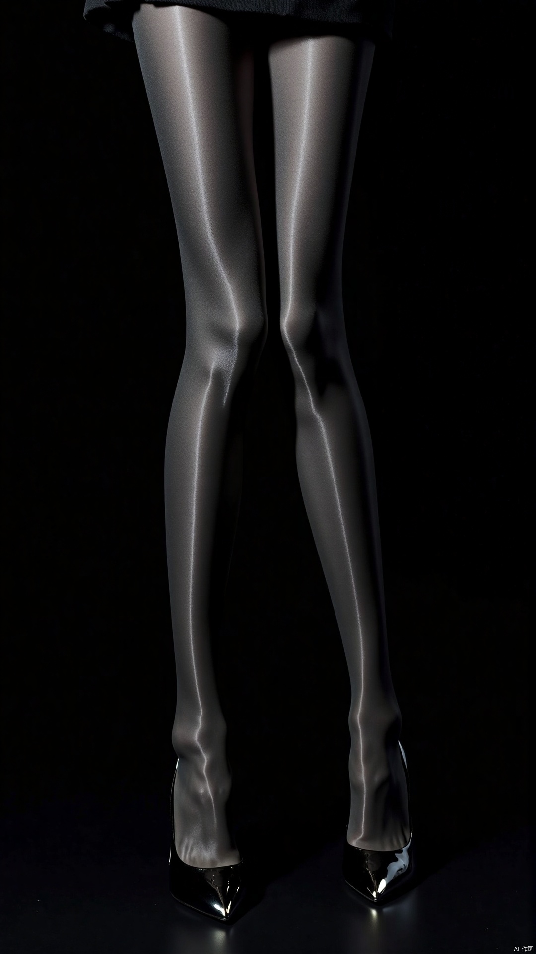 A low-angle shot frames legs clad in pearlescent pantyhose, stretched taut by 12cm stilettos angled aggressively. Mirror-polished heels slice through matte black emptiness, their pointed toes anchoring the frame's lower third. Hard backlight etches silver halos along nylon-clad calves while patent leather reflects triangular highlights. Shot with Hasselblad X2D and 100mm lens at f/5.6, ISO50 ensures background purity, 1/200s freezing micro-vibrations. The composition preserves uninterrupted lines from heels to knees, enhanced by 0.5mm luminous aura at ankles. Monochromatic grading dominates, sparing only cyan-tinted metallic reflections on heels. Upper-right quadrant remains pristine for foil-stamped typography, the stilettos' razor geometry echoing modern cover design aesthetics.

