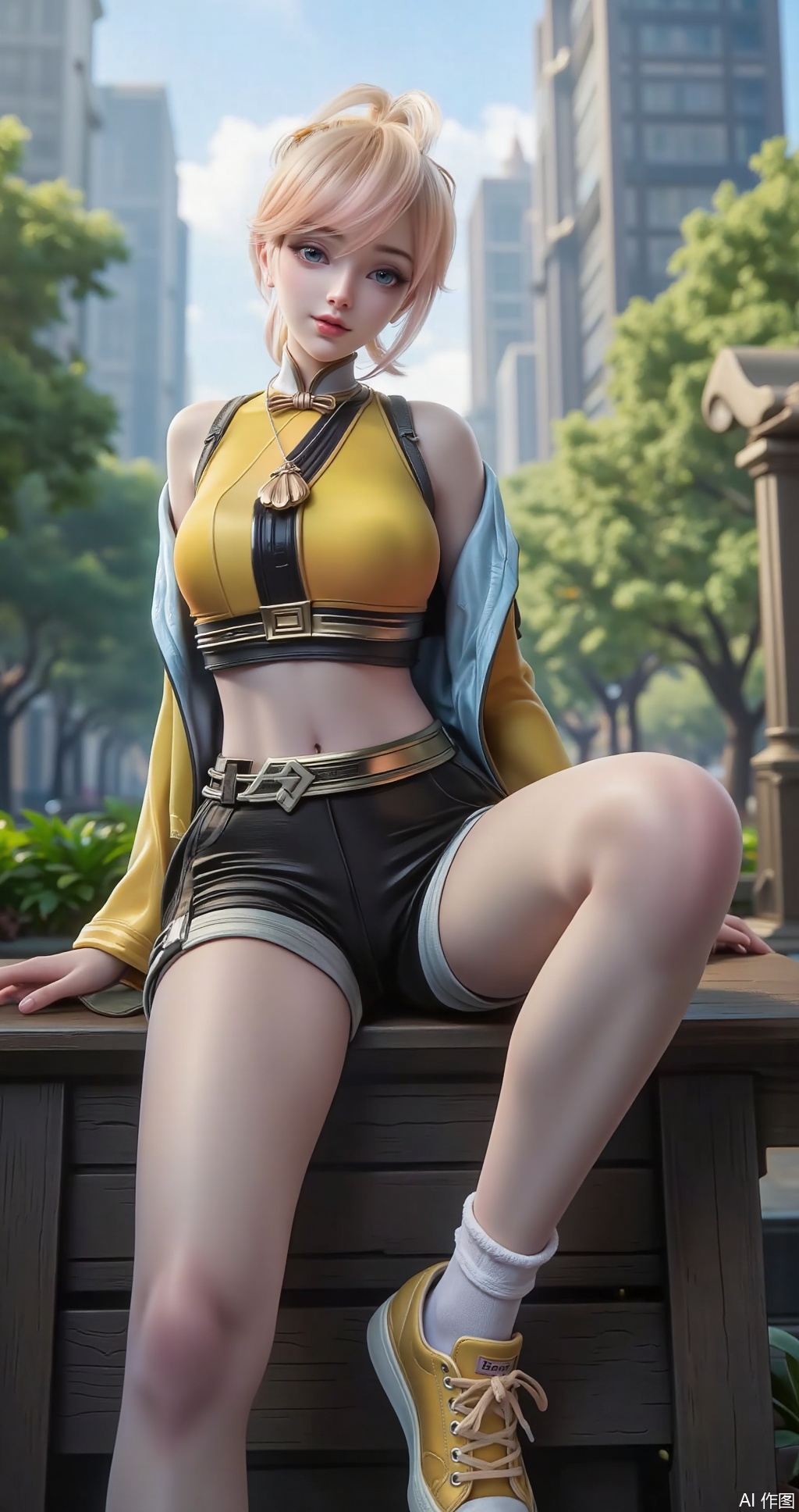 Masterpiece, best quality, amazing quality, stunning, extremely high resolution, latest, dynamic poses. 1 girl, single, (whole body: 1.5), yuff7, short hair, yellow hair, bangs, ponytail, sitting on a table in a city park with towering buildings behind her, blurred background, overlooking the audience, stylish yellow Turtleneck, exposing shoulders and navel, black casual shorts, beautiful long legs, shiny legs, reflective legs, white socks, yellow sneakers, shoes close to the viewer, shoes close-up, shoes in focus, slightly open Lips. Extremely low angle shot, shot from the side and below, view from above.