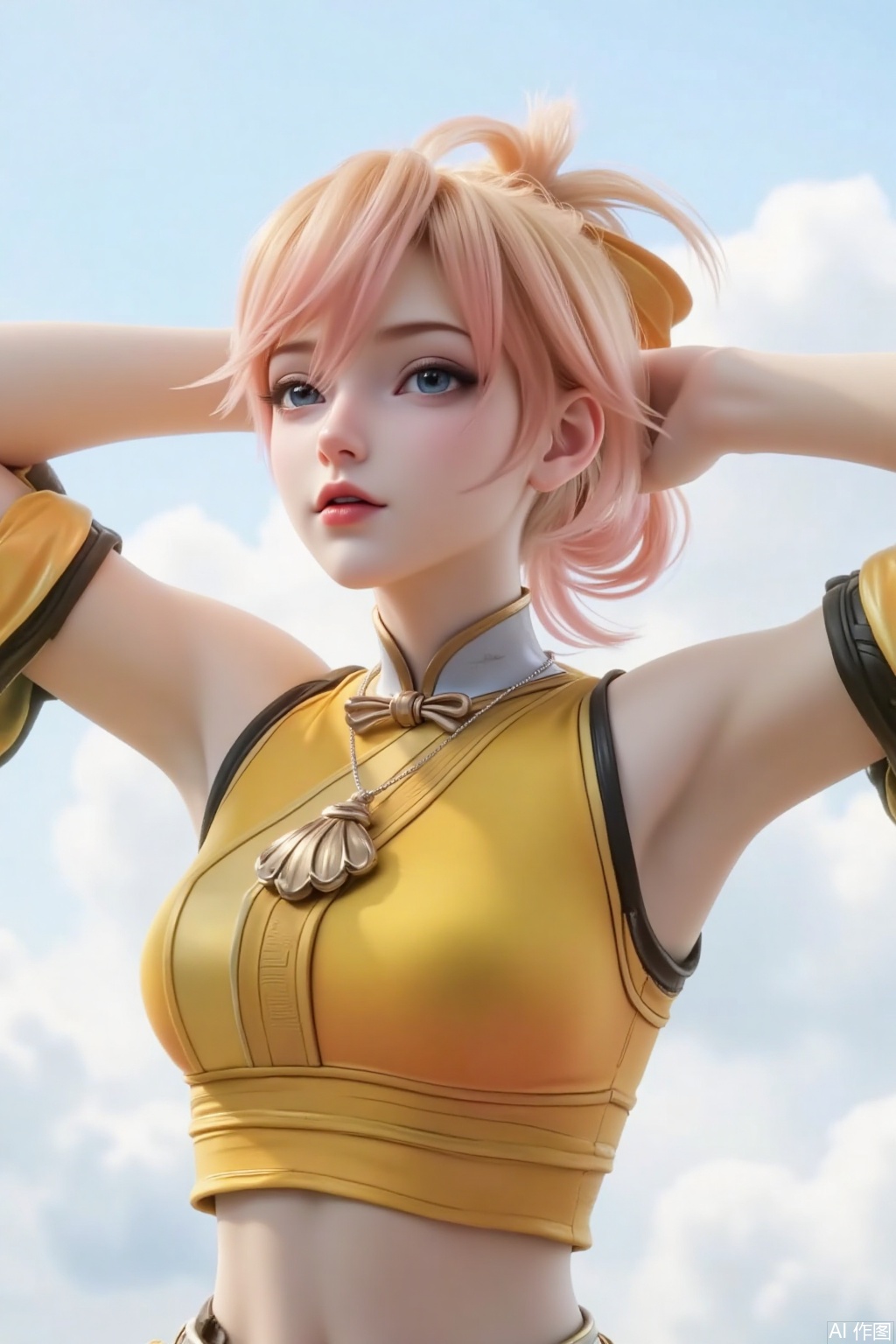 1 girl, solo, upper body, yellow and pink gradient short hair, tied with hair tied into a high ponytail, broken hair on both sides, oblique bangs, metal shell necklace, yellow short top, cut clothes, holding hands behind the head, stretching, slightly raised corners of the mouth, cunning eyes, white clouds and sky in the background, blurred background, low angle shot.