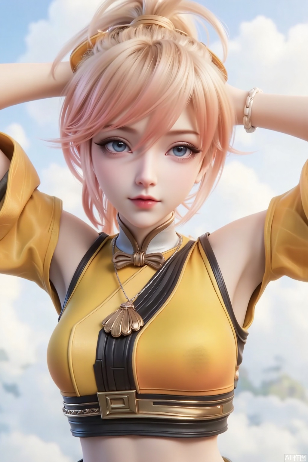 1 girl, solo, upper body, yellow and pink gradient short hair, tied with hair tied into a high ponytail, broken hair on both sides, oblique bangs, metal shell necklace, yellow short top, cut clothes, holding hands behind the head, stretching, slightly raised corners of the mouth, cunning eyes, white clouds and sky in the background, blurred background, low angle shot.