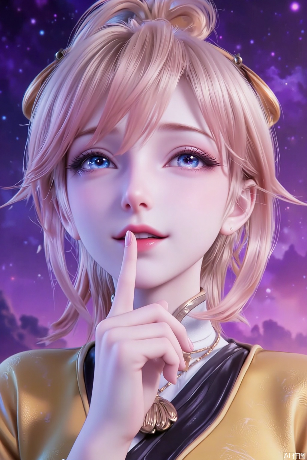 1 girl, solo, tan hair, high ponytail, bangs, frowns, squints, blue star eyes, long eyelashes, pink lips, index finger of one hand, straight toward the middle of the mouth, eyes looking upward, smiling. Yellow Chinese-style practice clothes, starry sky background, magnificent picture quality, gorgeous purple galaxy.