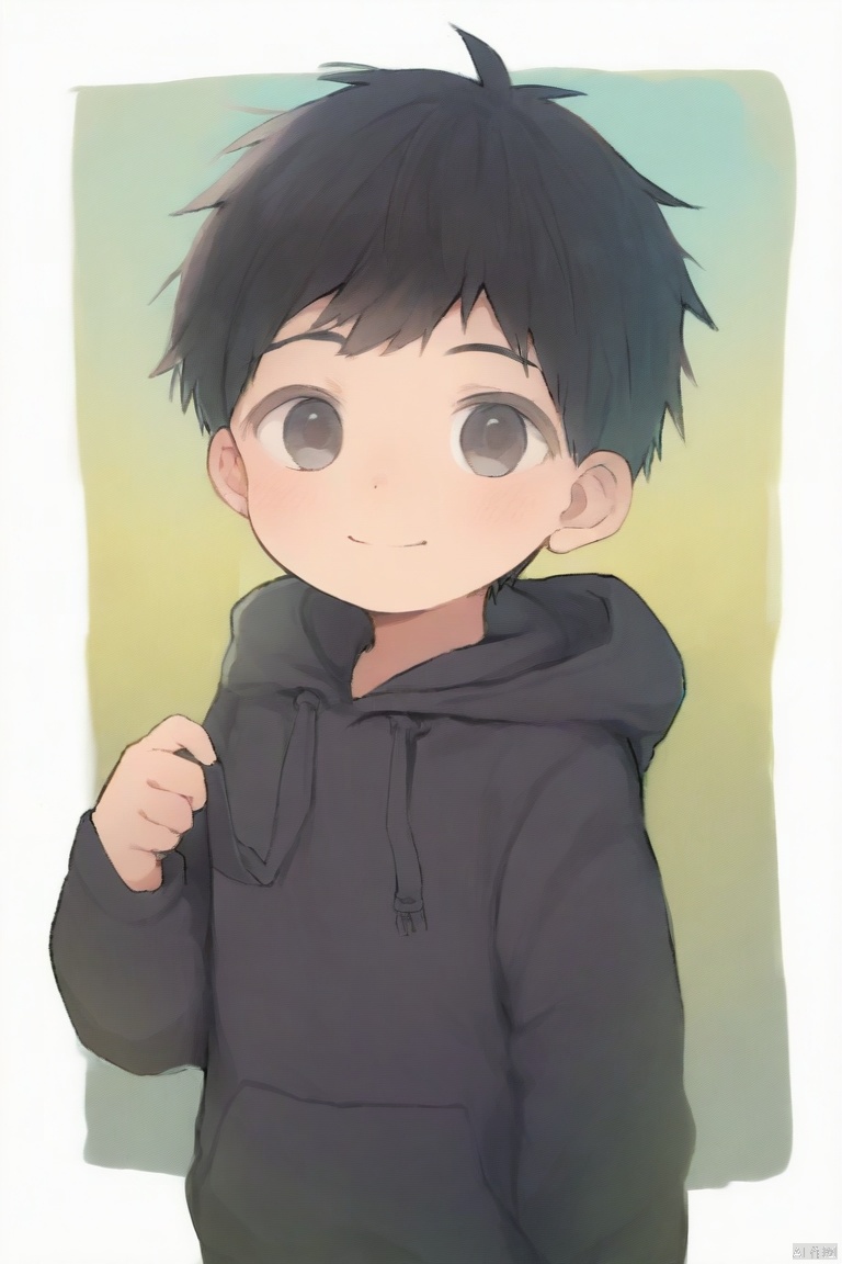 cocolo-style,1boy,black hair,black jacket,border,child,drawstring,hood,hood down,hooded jacket,jacket,male focus,outside border,short hair,smile,solo,upper body,white border (masterpiece,best quality),