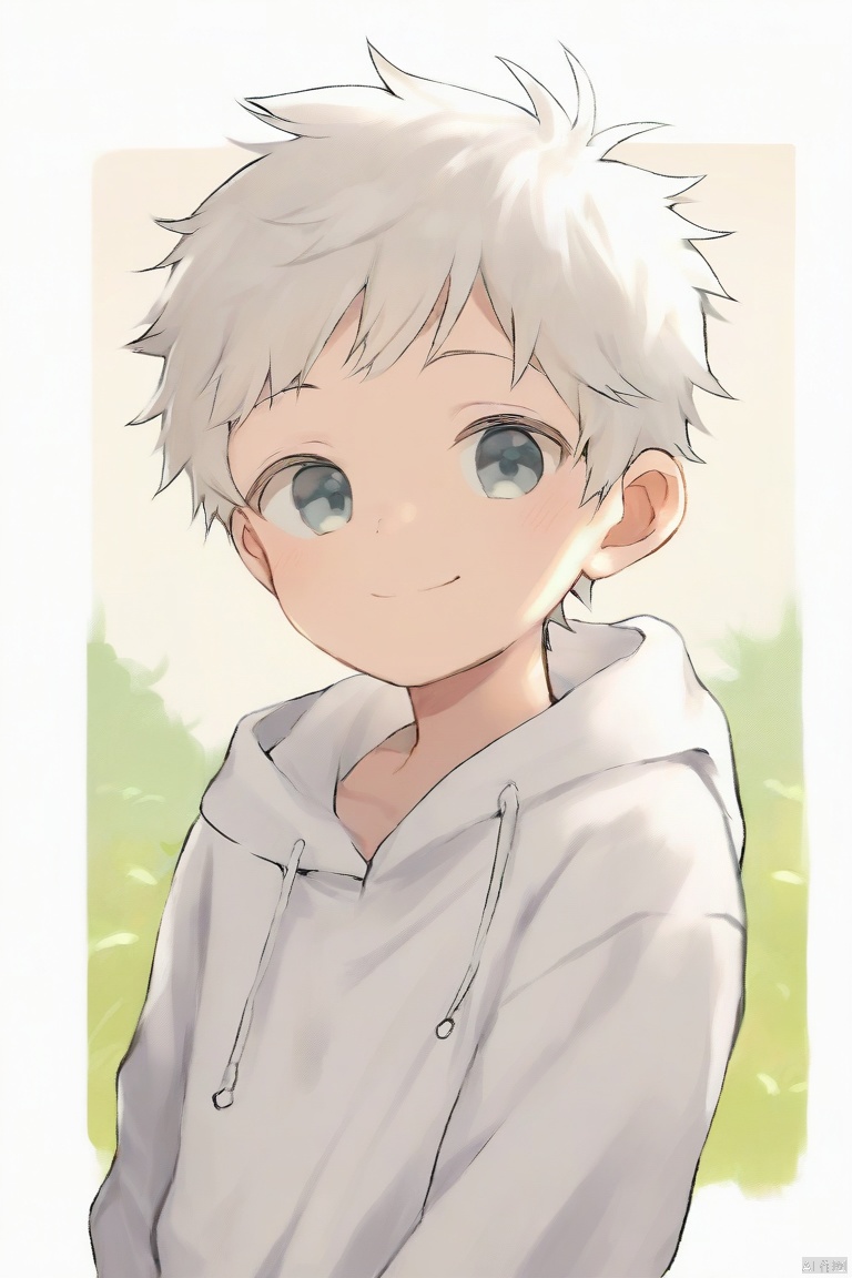 cocolo-style,1boy,white hair,white jacket,border,child,drawstring,hood,hood down,hooded jacket,jacket,male focus,outside border,short hair,smile,solo,upper body,white border (masterpiece,best quality),