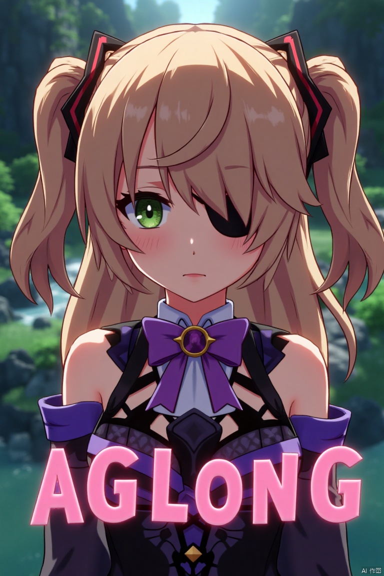 A solo girl with light brown, long hair styled two sides up, bangs, and green eyes, adorned with a hair ornament, bow, ribbon, and bowtie. Her hair is partially over one eye, and she wears an eyepatch. She is looking directly at the viewer, standing in a movie poster setting with three-dimensional text AGlong in the middle below. Cinematic lighting creates high contrast and sharp focus, enhancing a dynamic composition and detailed background. The atmosphere is dramatic and intense.