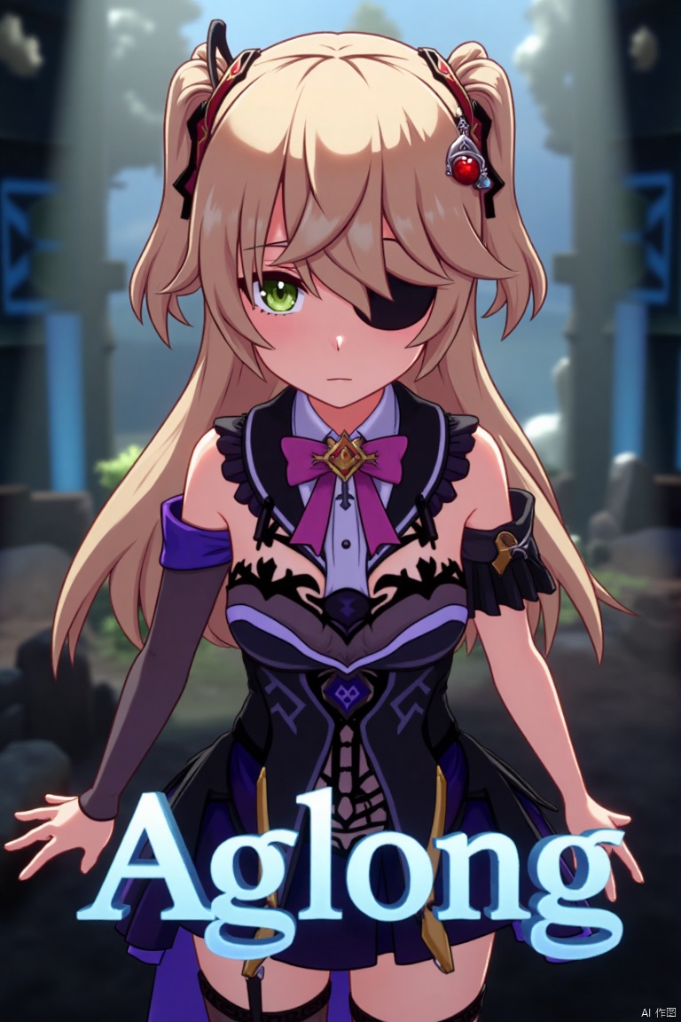 A solo girl with light brown, long hair styled two sides up, bangs, and green eyes, adorned with a hair ornament, bow, ribbon, and bowtie. Her hair is partially over one eye, and she wears an eyepatch. She is looking directly at the viewer, standing in a movie poster setting with three-dimensional text AGlong in the middle below. Cinematic lighting creates high contrast and sharp focus, enhancing a dynamic composition and detailed background. The atmosphere is dramatic and intense.