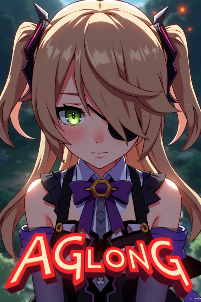 A solo girl with light brown, long hair styled two sides up, bangs, and green eyes, adorned with a hair ornament, bow, ribbon, and bowtie. Her hair is partially over one eye, and she wears an eyepatch. She is looking directly at the viewer, standing in a movie poster setting with three-dimensional text AGlong in the middle below. Cinematic lighting creates high contrast and sharp focus, enhancing a dynamic composition and detailed background. The atmosphere is dramatic and intense.