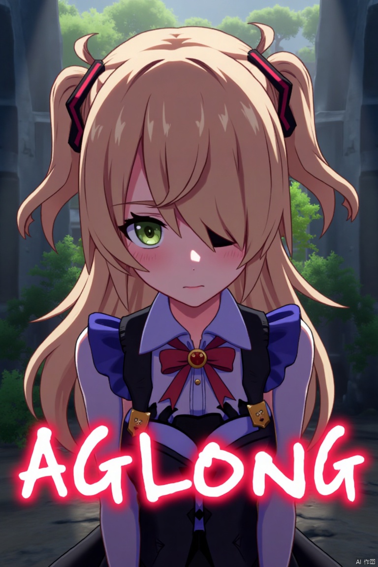 A solo girl with light brown, long hair styled two sides up, bangs, and green eyes, adorned with a hair ornament, bow, ribbon, and bowtie. Her hair is partially over one eye, and she wears an eyepatch. She is looking directly at the viewer, standing in a movie poster setting with three-dimensional text AGlong in the middle below. Cinematic lighting creates high contrast and sharp focus, enhancing a dynamic composition and detailed background. The atmosphere is dramatic and intense.