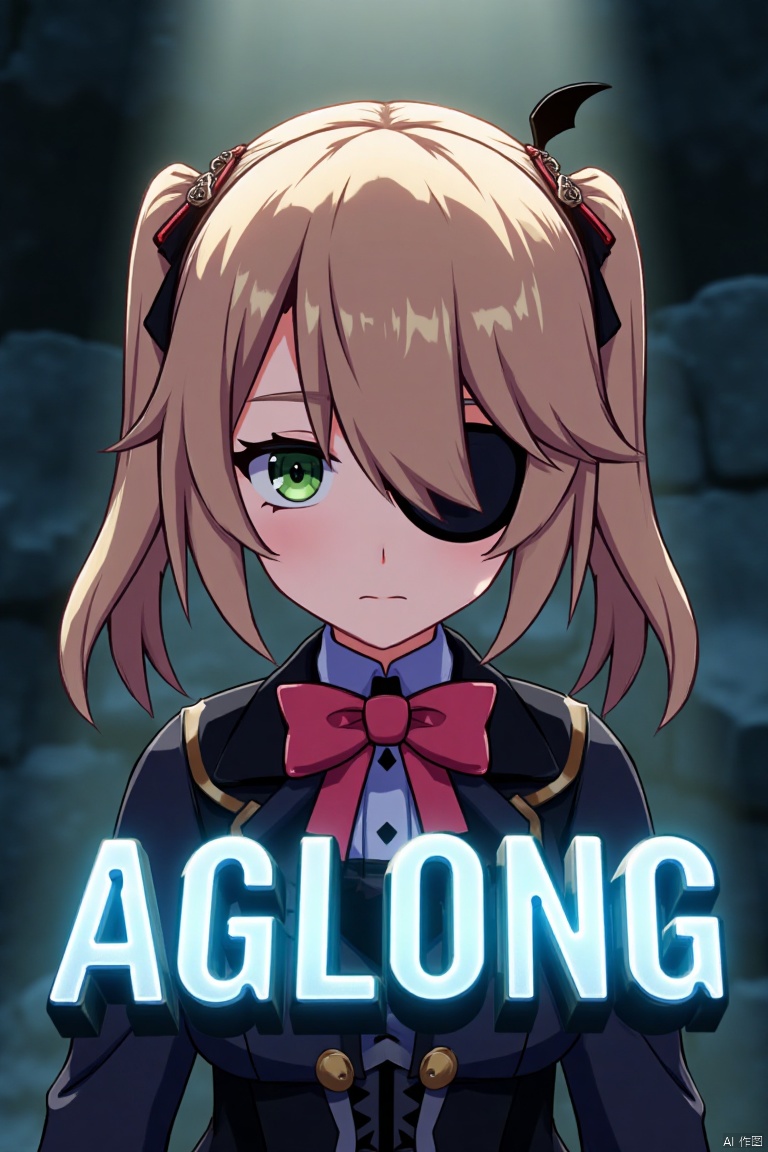 A solo girl with light brown, long hair styled two sides up, bangs, and green eyes, adorned with a hair ornament, bow, ribbon, and bowtie. Her hair is partially over one eye, and she wears an eyepatch. She is looking directly at the viewer, standing in a movie poster setting with three-dimensional text AGlong in the middle below. Cinematic lighting creates high contrast and sharp focus, enhancing a dynamic composition and detailed background. The atmosphere is dramatic and intense.