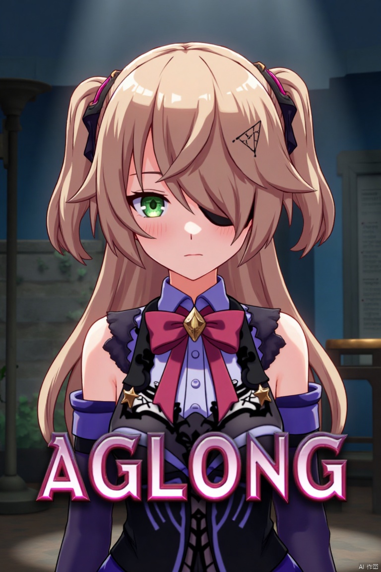 A solo girl with light brown, long hair styled two sides up, bangs, and green eyes, adorned with a hair ornament, bow, ribbon, and bowtie. Her hair is partially over one eye, and she wears an eyepatch. She is looking directly at the viewer, standing in a movie poster setting with three-dimensional text AGlong in the middle below. Cinematic lighting creates high contrast and sharp focus, enhancing a dynamic composition and detailed background. The atmosphere is dramatic and intense.