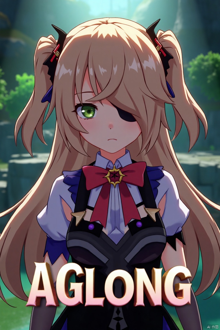 A solo girl with light brown, long hair styled two sides up, bangs, and green eyes, adorned with a hair ornament, bow, ribbon, and bowtie. Her hair is partially over one eye, and she wears an eyepatch. She is looking directly at the viewer, standing in a movie poster setting with three-dimensional text AGlong in the middle below. Cinematic lighting creates high contrast and sharp focus, enhancing a dynamic composition and detailed background. The atmosphere is dramatic and intense.