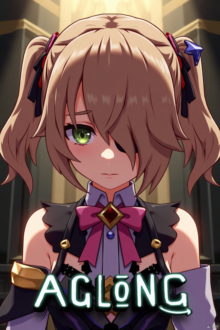 A solo girl with light brown, long hair styled two sides up, bangs, and green eyes, adorned with a hair ornament, bow, ribbon, and bowtie. Her hair is partially over one eye, and she wears an eyepatch. She is looking directly at the viewer, standing in a movie poster setting with three-dimensional text AGlong in the middle below. Cinematic lighting creates high contrast and sharp focus, enhancing a dynamic composition and detailed background. The atmosphere is dramatic and intense.