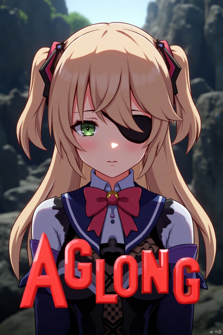 A solo girl with light brown, long hair styled two sides up, bangs, and green eyes, adorned with a hair ornament, bow, ribbon, and bowtie. Her hair is partially over one eye, and she wears an eyepatch. She is looking directly at the viewer, standing in a movie poster setting with three-dimensional text AGlong in the middle below. Cinematic lighting creates high contrast and sharp focus, enhancing a dynamic composition and detailed background. The atmosphere is dramatic and intense.