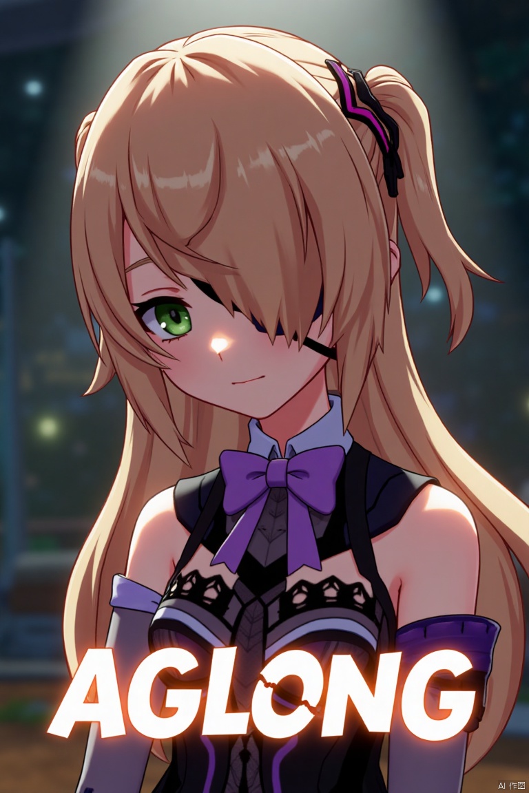 A solo girl with light brown, long hair styled two sides up, bangs, and green eyes, adorned with a hair ornament, bow, ribbon, and bowtie. Her hair is partially over one eye, and she wears an eyepatch. She is looking directly at the viewer, standing in a movie poster setting with three-dimensional text AGlong in the middle below. Cinematic lighting creates high contrast and sharp focus, enhancing a dynamic composition and detailed background. The atmosphere is dramatic and intense.