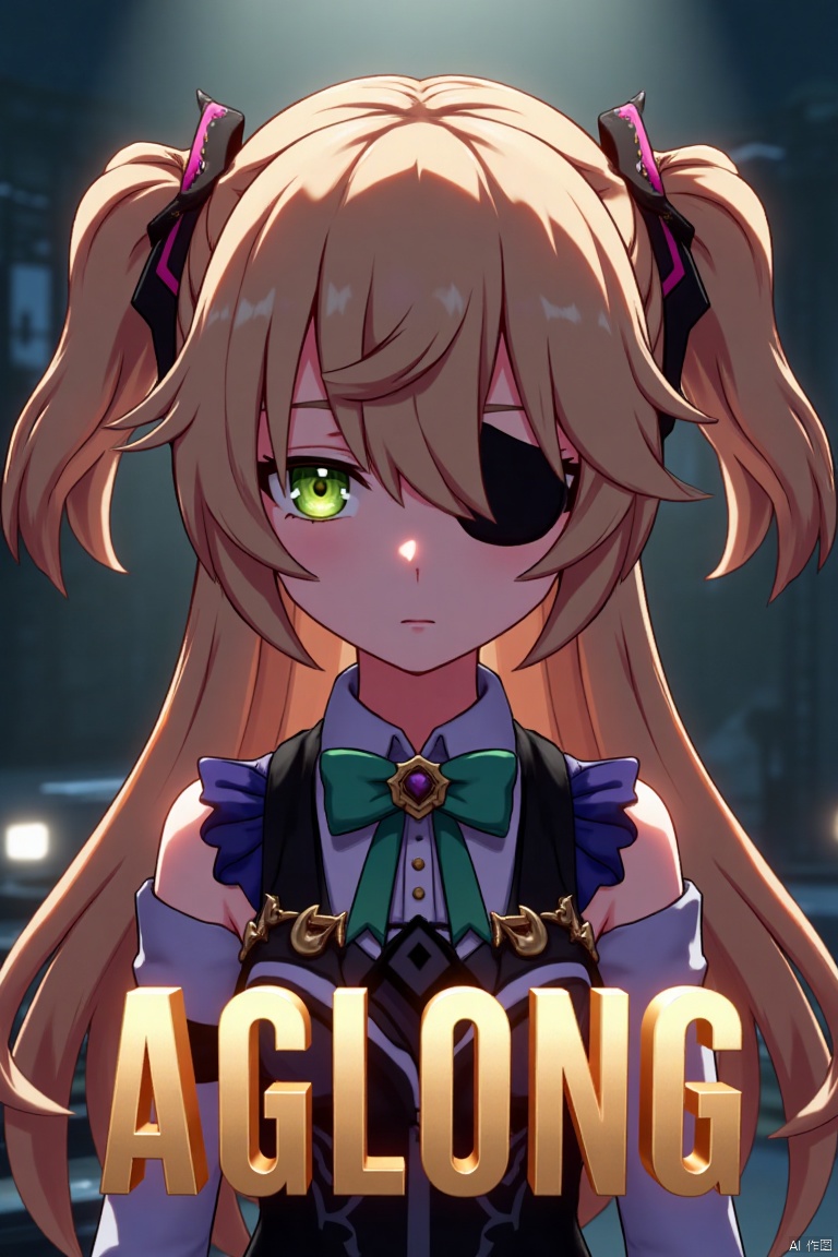 A solo girl with light brown, long hair styled two sides up, bangs, and green eyes, adorned with a hair ornament, bow, ribbon, and bowtie. Her hair is partially over one eye, and she wears an eyepatch. She is looking directly at the viewer, standing in a movie poster setting with three-dimensional text AGlong in the middle below. Cinematic lighting creates high contrast and sharp focus, enhancing a dynamic composition and detailed background. The atmosphere is dramatic and intense.