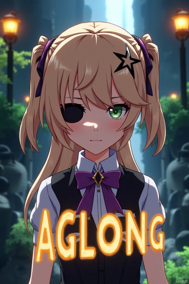 A solo girl with light brown, long hair styled two sides up, bangs, and green eyes, adorned with a hair ornament, bow, ribbon, and bowtie. Her hair is partially over one eye, and she wears an eyepatch. She is looking directly at the viewer, standing in a movie poster setting with three-dimensional text AGlong in the middle below. Cinematic lighting creates high contrast and sharp focus, enhancing a dynamic composition and detailed background. The atmosphere is dramatic and intense.