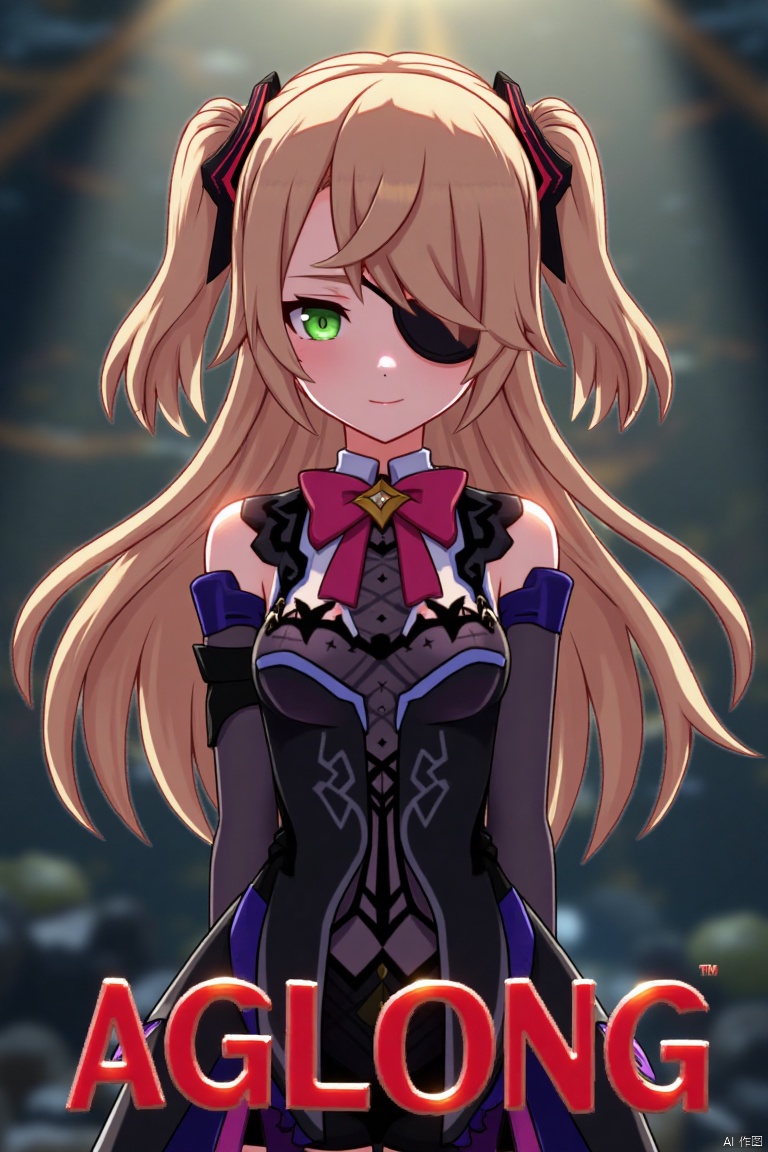 A solo girl with light brown, long hair styled two sides up, bangs, and green eyes, adorned with a hair ornament, bow, ribbon, and bowtie. Her hair is partially over one eye, and she wears an eyepatch. She is looking directly at the viewer, standing in a movie poster setting with three-dimensional text AGlong in the middle below. Cinematic lighting creates high contrast and sharp focus, enhancing a dynamic composition and detailed background. The atmosphere is dramatic and intense.
