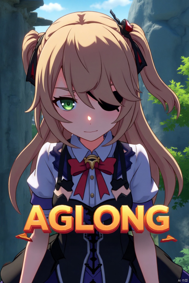 A solo girl with light brown, long hair styled two sides up, bangs, and green eyes, adorned with a hair ornament, bow, ribbon, and bowtie. Her hair is partially over one eye, and she wears an eyepatch. She is looking directly at the viewer, standing in a movie poster setting with three-dimensional text AGlong in the middle below. Cinematic lighting creates high contrast and sharp focus, enhancing a dynamic composition and detailed background. The atmosphere is dramatic and intense.