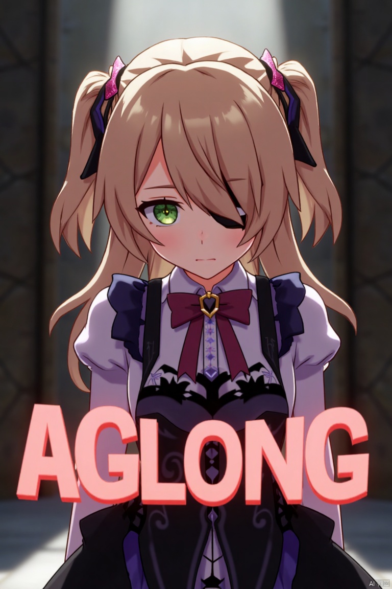 A solo girl with light brown, long hair styled two sides up, bangs, and green eyes, adorned with a hair ornament, bow, ribbon, and bowtie. Her hair is partially over one eye, and she wears an eyepatch. She is looking directly at the viewer, standing in a movie poster setting with three-dimensional text AGlong in the middle below. Cinematic lighting creates high contrast and sharp focus, enhancing a dynamic composition and detailed background. The atmosphere is dramatic and intense.
