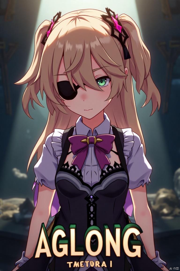 A solo girl with light brown, long hair styled two sides up, bangs, and green eyes, adorned with a hair ornament, bow, ribbon, and bowtie. Her hair is partially over one eye, and she wears an eyepatch. She is looking directly at the viewer, standing in a movie poster setting with three-dimensional text AGlong in the middle below. Cinematic lighting creates high contrast and sharp focus, enhancing a dynamic composition and detailed background. The atmosphere is dramatic and intense.