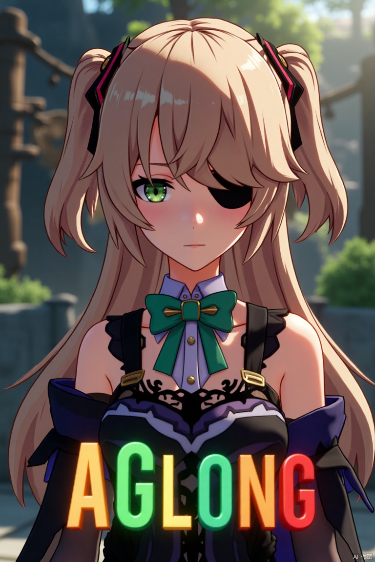 A solo girl with light brown, long hair styled two sides up, bangs, and green eyes, adorned with a hair ornament, bow, ribbon, and bowtie. Her hair is partially over one eye, and she wears an eyepatch. She is looking directly at the viewer, standing in a movie poster setting with three-dimensional text AGlong in the middle below. Cinematic lighting creates high contrast and sharp focus, enhancing a dynamic composition and detailed background. The atmosphere is dramatic and intense.