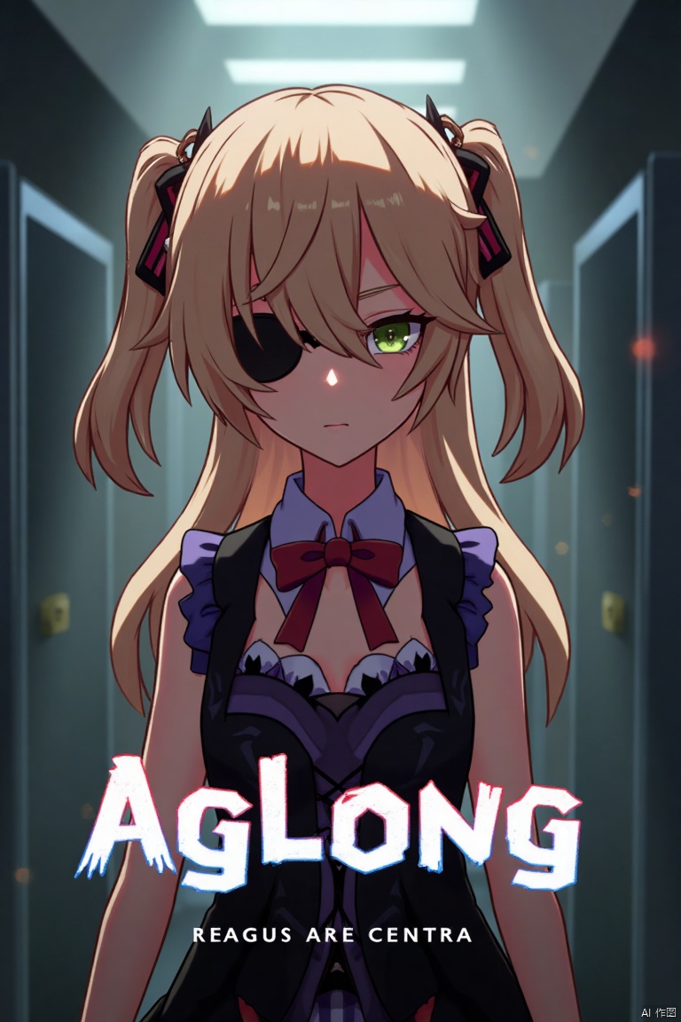 A solo girl with light brown, long hair styled two sides up, bangs, and green eyes, adorned with a hair ornament, bow, ribbon, and bowtie. Her hair is partially over one eye, and she wears an eyepatch. She is looking directly at the viewer, standing in a movie poster setting with three-dimensional text AGlong in the middle below. Cinematic lighting creates high contrast and sharp focus, enhancing a dynamic composition and detailed background. The atmosphere is dramatic and intense.