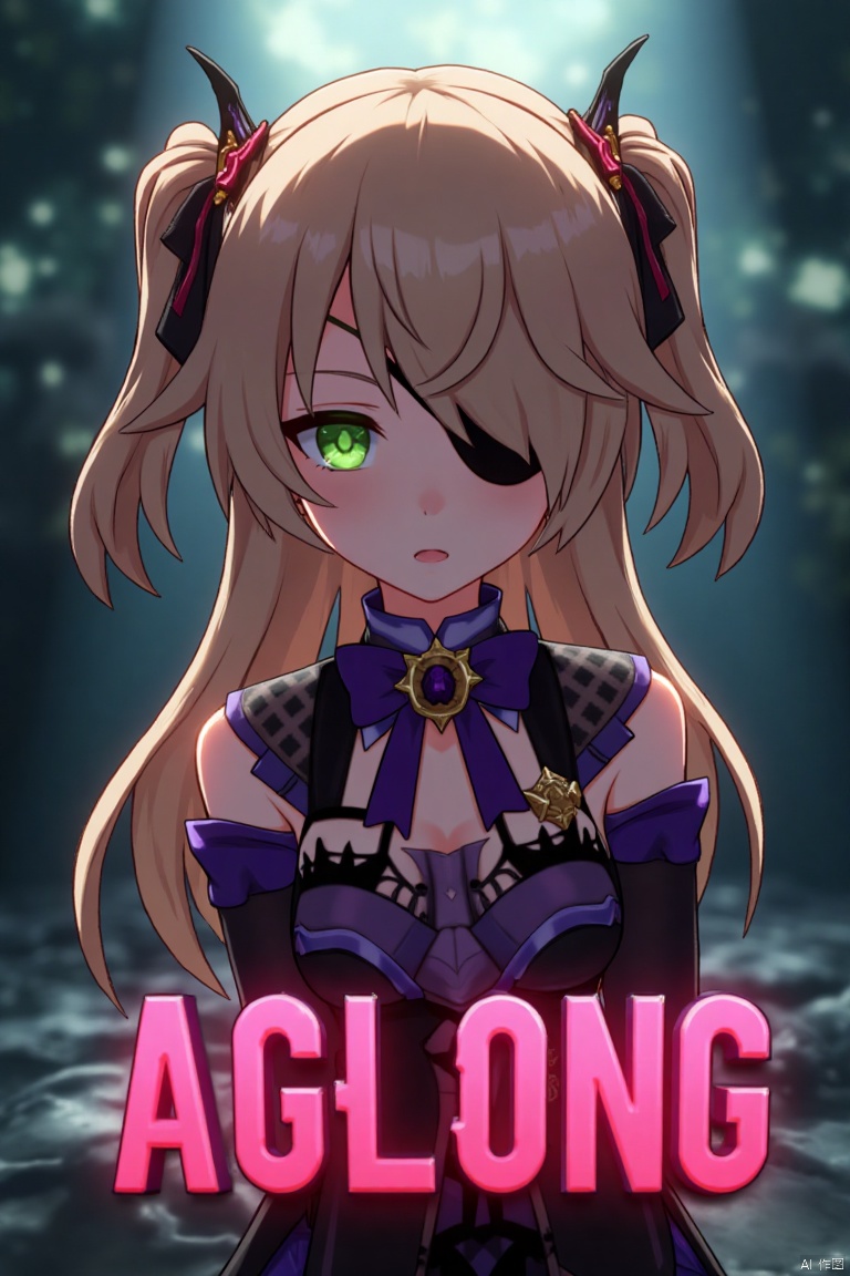 A solo girl with light brown, long hair styled two sides up, bangs, and green eyes, adorned with a hair ornament, bow, ribbon, and bowtie. Her hair is partially over one eye, and she wears an eyepatch. She is looking directly at the viewer, standing in a movie poster setting with three-dimensional text AGlong in the middle below. Cinematic lighting creates high contrast and sharp focus, enhancing a dynamic composition and detailed background. The atmosphere is dramatic and intense.