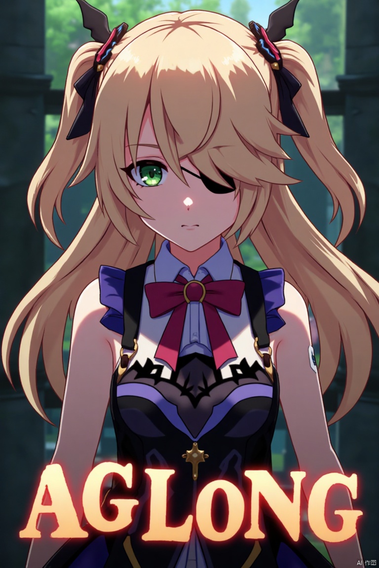 A solo girl with light brown, long hair styled two sides up, bangs, and green eyes, adorned with a hair ornament, bow, ribbon, and bowtie. Her hair is partially over one eye, and she wears an eyepatch. She is looking directly at the viewer, standing in a movie poster setting with three-dimensional text AGlong in the middle below. Cinematic lighting creates high contrast and sharp focus, enhancing a dynamic composition and detailed background. The atmosphere is dramatic and intense.