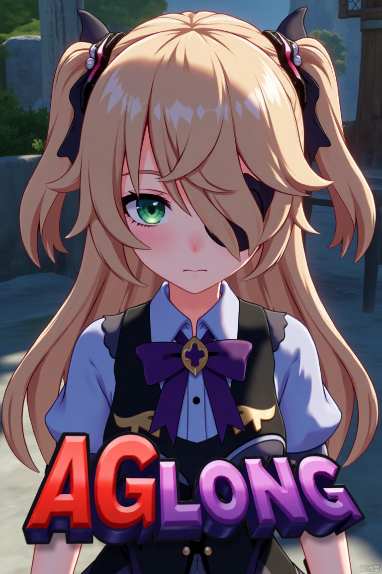 A solo girl with light brown, long hair styled two sides up, bangs, and green eyes, adorned with a hair ornament, bow, ribbon, and bowtie. Her hair is partially over one eye, and she wears an eyepatch. She is looking directly at the viewer, standing in a movie poster setting with three-dimensional text AGlong in the middle below. Cinematic lighting creates high contrast and sharp focus, enhancing a dynamic composition and detailed background. The atmosphere is dramatic and intense.