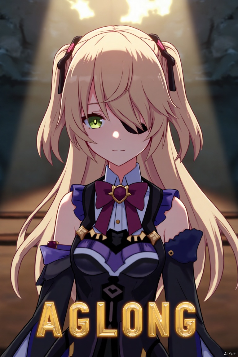 A solo girl with light brown, long hair styled two sides up, bangs, and green eyes, adorned with a hair ornament, bow, ribbon, and bowtie. Her hair is partially over one eye, and she wears an eyepatch. She is looking directly at the viewer, standing in a movie poster setting with three-dimensional text AGlong in the middle below. Cinematic lighting creates high contrast and sharp focus, enhancing a dynamic composition and detailed background. The atmosphere is dramatic and intense.