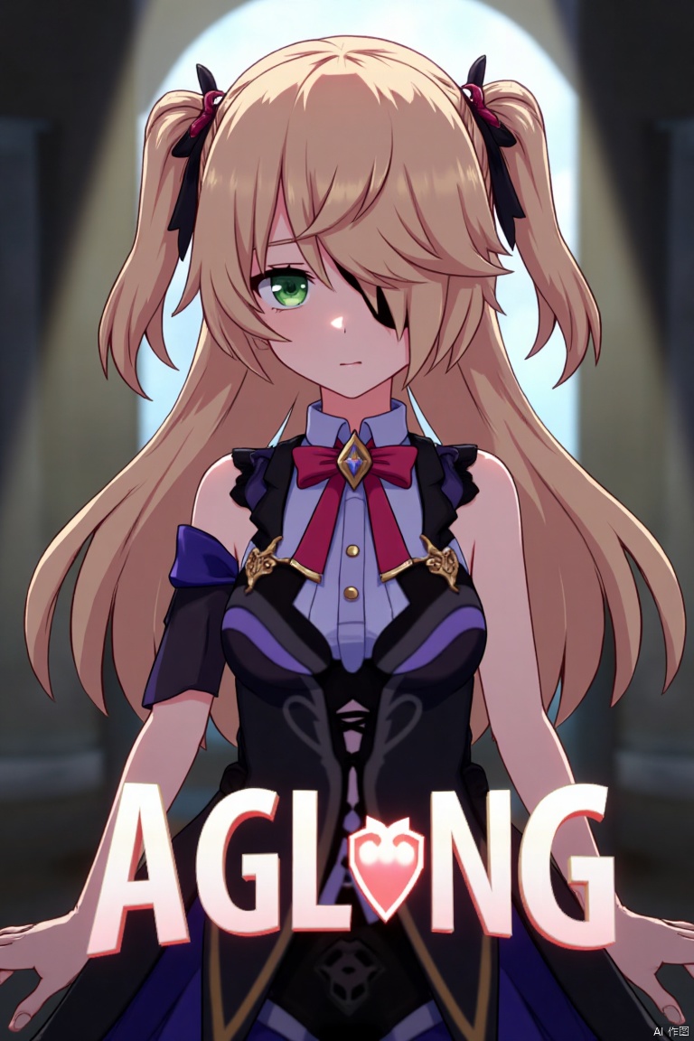 A solo girl with light brown, long hair styled two sides up, bangs, and green eyes, adorned with a hair ornament, bow, ribbon, and bowtie. Her hair is partially over one eye, and she wears an eyepatch. She is looking directly at the viewer, standing in a movie poster setting with three-dimensional text AGlong in the middle below. Cinematic lighting creates high contrast and sharp focus, enhancing a dynamic composition and detailed background. The atmosphere is dramatic and intense.