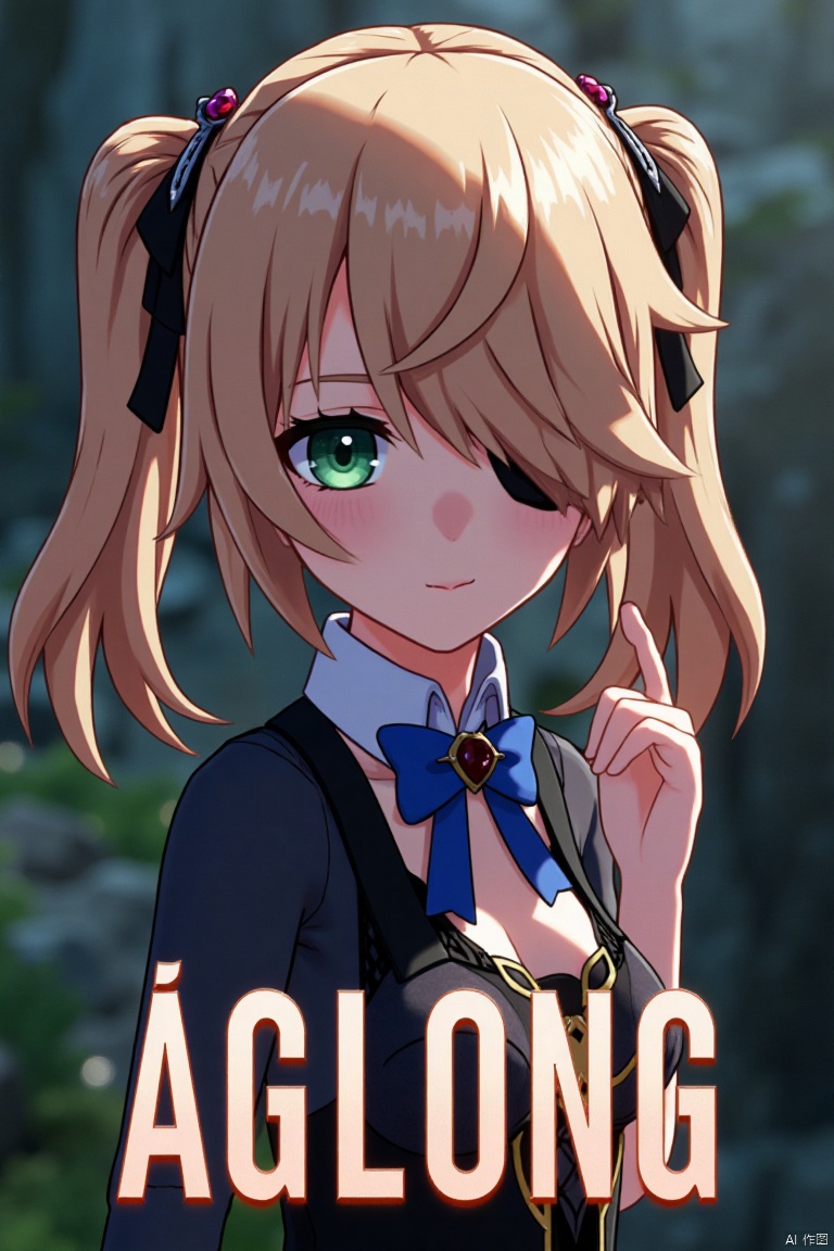 A solo girl with light brown, long hair styled two sides up, bangs, and green eyes, adorned with a hair ornament, bow, ribbon, and bowtie. Her hair is partially over one eye, and she wears an eyepatch. She is looking directly at the viewer, standing in a movie poster setting with three-dimensional text AGlong in the middle below. Cinematic lighting creates high contrast and sharp focus, enhancing a dynamic composition and detailed background. The atmosphere is dramatic and intense.