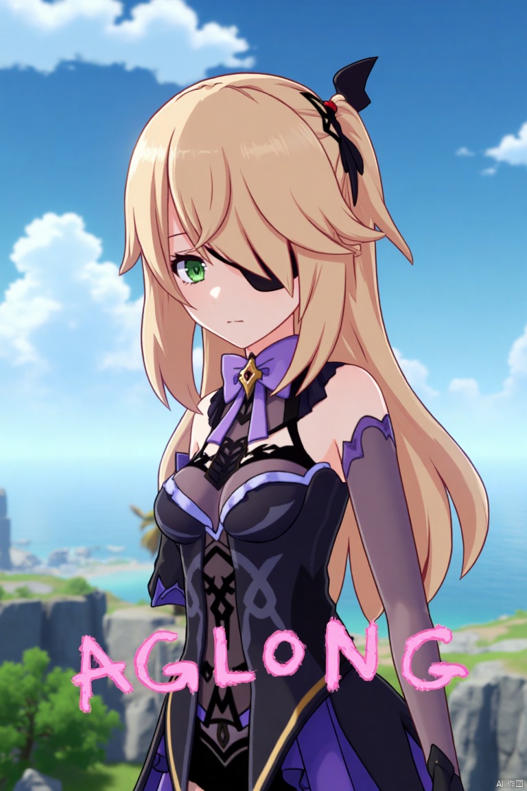 A solo blonde-haired girl with long hair, bangs, and green eyes, wearing a hair ribbon, bare shoulders, a single thigh-high, and a black glove. She is looking directly at the viewer, with an eyepatch over one eye. She wears a bow and bowtie, standing outdoors under a blue sky with clouds. The scene is framed as a movie poster, with three-dimensional text AGlong in the middle below. Cinematic lighting creates high contrast and sharp focus, emphasizing a dynamic composition and detailed background. The atmosphere is dramatic and intense.