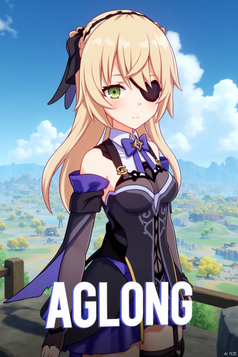 A solo blonde-haired girl with long hair, bangs, and green eyes, wearing a hair ribbon, bare shoulders, a single thigh-high, and a black glove. She is looking directly at the viewer, with an eyepatch over one eye. She wears a bow and bowtie, standing outdoors under a blue sky with clouds. The scene is framed as a movie poster, with three-dimensional text AGlong in the middle below. Cinematic lighting creates high contrast and sharp focus, emphasizing a dynamic composition and detailed background. The atmosphere is dramatic and intense.