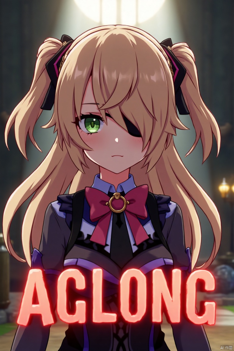 A solo girl with light brown, long hair styled two sides up, bangs, and green eyes, adorned with a hair ornament, bow, ribbon, and bowtie. Her hair is partially over one eye, and she wears an eyepatch. She is looking directly at the viewer, standing in a movie poster setting with three-dimensional text AGlong in the middle below. Cinematic lighting creates high contrast and sharp focus, enhancing a dynamic composition and detailed background. The atmosphere is dramatic and intense.
