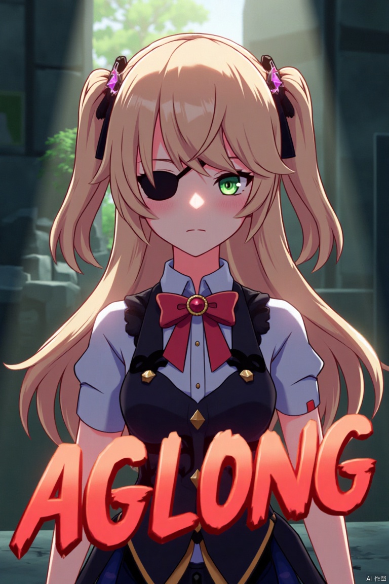 A solo girl with light brown, long hair styled two sides up, bangs, and green eyes, adorned with a hair ornament, bow, ribbon, and bowtie. Her hair is partially over one eye, and she wears an eyepatch. She is looking directly at the viewer, standing in a movie poster setting with three-dimensional text AGlong in the middle below. Cinematic lighting creates high contrast and sharp focus, enhancing a dynamic composition and detailed background. The atmosphere is dramatic and intense.