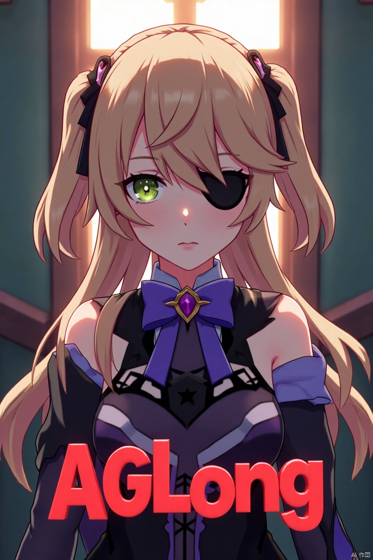 A solo girl with light brown, long hair styled two sides up, bangs, and green eyes, adorned with a hair ornament, bow, ribbon, and bowtie. Her hair is partially over one eye, and she wears an eyepatch. She is looking directly at the viewer, standing in a movie poster setting with three-dimensional text AGlong in the middle below. Cinematic lighting creates high contrast and sharp focus, enhancing a dynamic composition and detailed background. The atmosphere is dramatic and intense.