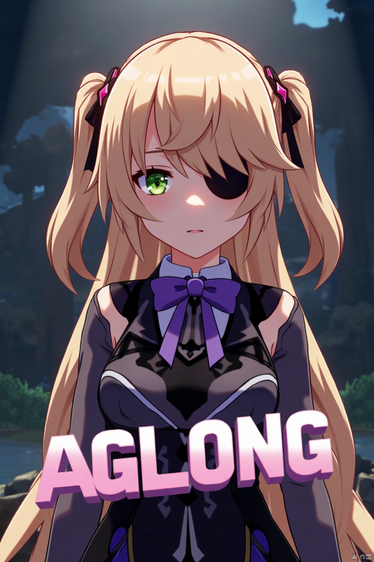 A solo girl with light brown, long hair styled two sides up, bangs, and green eyes, adorned with a hair ornament, bow, ribbon, and bowtie. Her hair is partially over one eye, and she wears an eyepatch. She is looking directly at the viewer, standing in a movie poster setting with three-dimensional text AGlong in the middle below. Cinematic lighting creates high contrast and sharp focus, enhancing a dynamic composition and detailed background. The atmosphere is dramatic and intense.