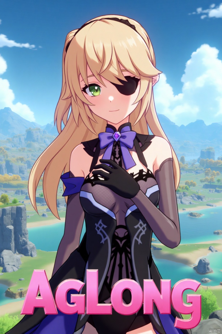 A solo blonde-haired girl with long hair, bangs, and green eyes, wearing a hair ribbon, bare shoulders, a single thigh-high, and a black glove. She is looking directly at the viewer, with an eyepatch over one eye. She wears a bow and bowtie, standing outdoors under a blue sky with clouds. The scene is framed as a movie poster, with three-dimensional text AGlong in the middle below. Cinematic lighting creates high contrast and sharp focus, emphasizing a dynamic composition and detailed background. The atmosphere is dramatic and intense.