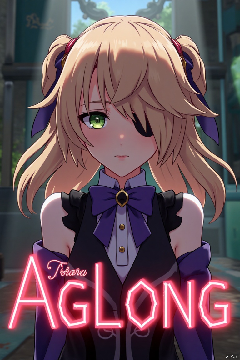 A solo girl with light brown, long hair styled two sides up, bangs, and green eyes, adorned with a hair ornament, bow, ribbon, and bowtie. Her hair is partially over one eye, and she wears an eyepatch. She is looking directly at the viewer, standing in a movie poster setting with three-dimensional text AGlong in the middle below. Cinematic lighting creates high contrast and sharp focus, enhancing a dynamic composition and detailed background. The atmosphere is dramatic and intense.