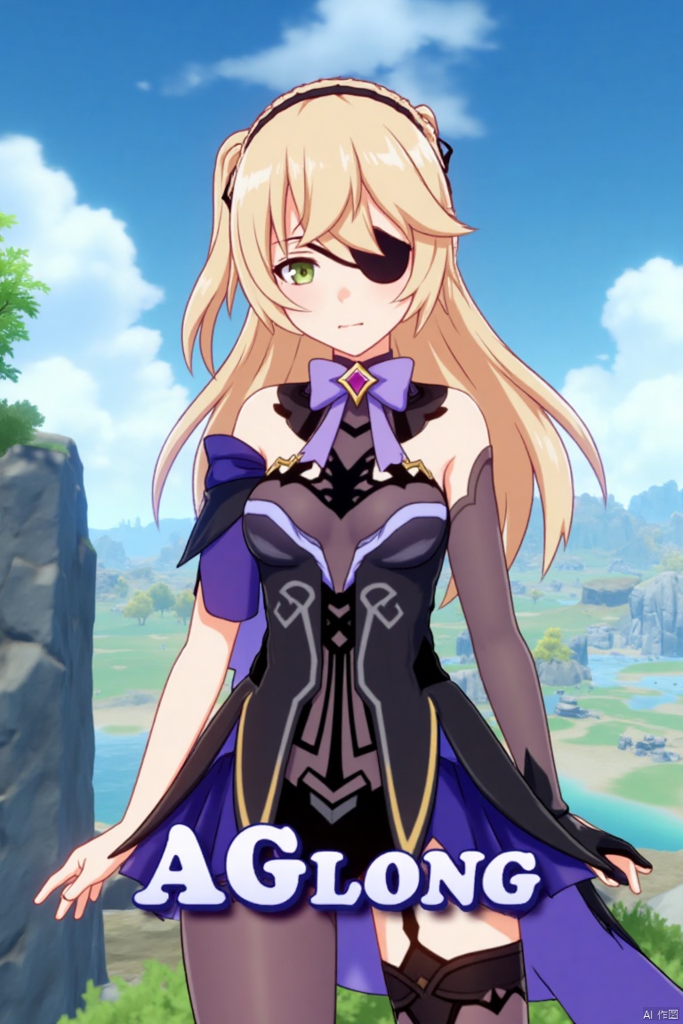 A solo blonde-haired girl with long hair, bangs, and green eyes, wearing a hair ribbon, bare shoulders, a single thigh-high, and a black glove. She is looking directly at the viewer, with an eyepatch over one eye. She wears a bow and bowtie, standing outdoors under a blue sky with clouds. The scene is framed as a movie poster, with three-dimensional text AGlong in the middle below. Cinematic lighting creates high contrast and sharp focus, emphasizing a dynamic composition and detailed background. The atmosphere is dramatic and intense.
