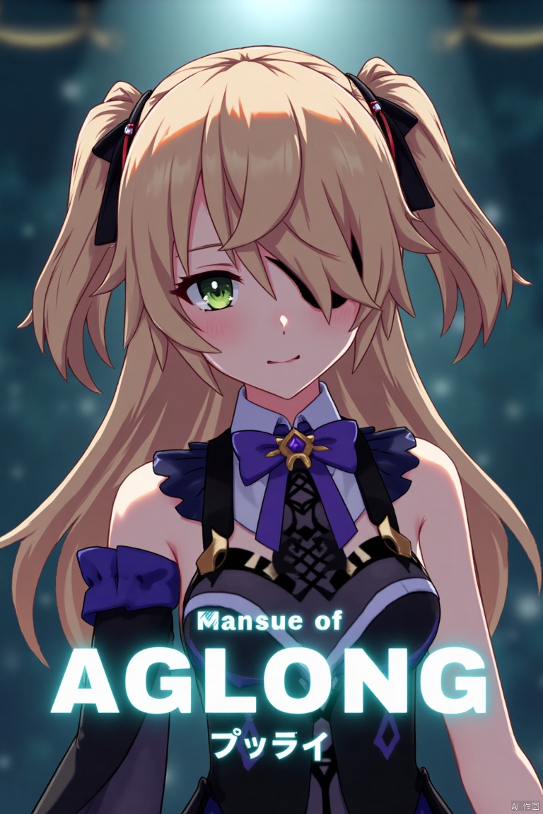 A solo girl with light brown, long hair styled two sides up, bangs, and green eyes, adorned with a hair ornament, bow, ribbon, and bowtie. Her hair is partially over one eye, and she wears an eyepatch. She is looking directly at the viewer, standing in a movie poster setting with three-dimensional text AGlong in the middle below. Cinematic lighting creates high contrast and sharp focus, enhancing a dynamic composition and detailed background. The atmosphere is dramatic and intense.