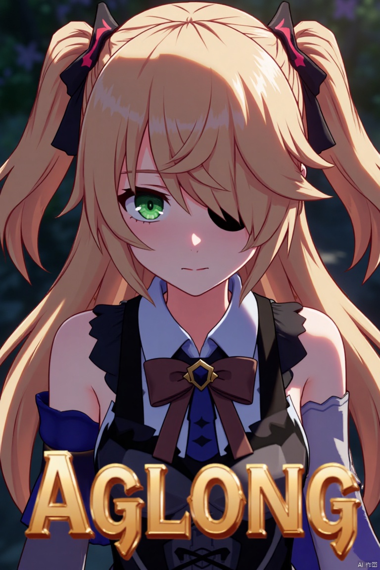 A solo girl with light brown, long hair styled two sides up, bangs, and green eyes, adorned with a hair ornament, bow, ribbon, and bowtie. Her hair is partially over one eye, and she wears an eyepatch. She is looking directly at the viewer, standing in a movie poster setting with three-dimensional text AGlong in the middle below. Cinematic lighting creates high contrast and sharp focus, enhancing a dynamic composition and detailed background. The atmosphere is dramatic and intense.