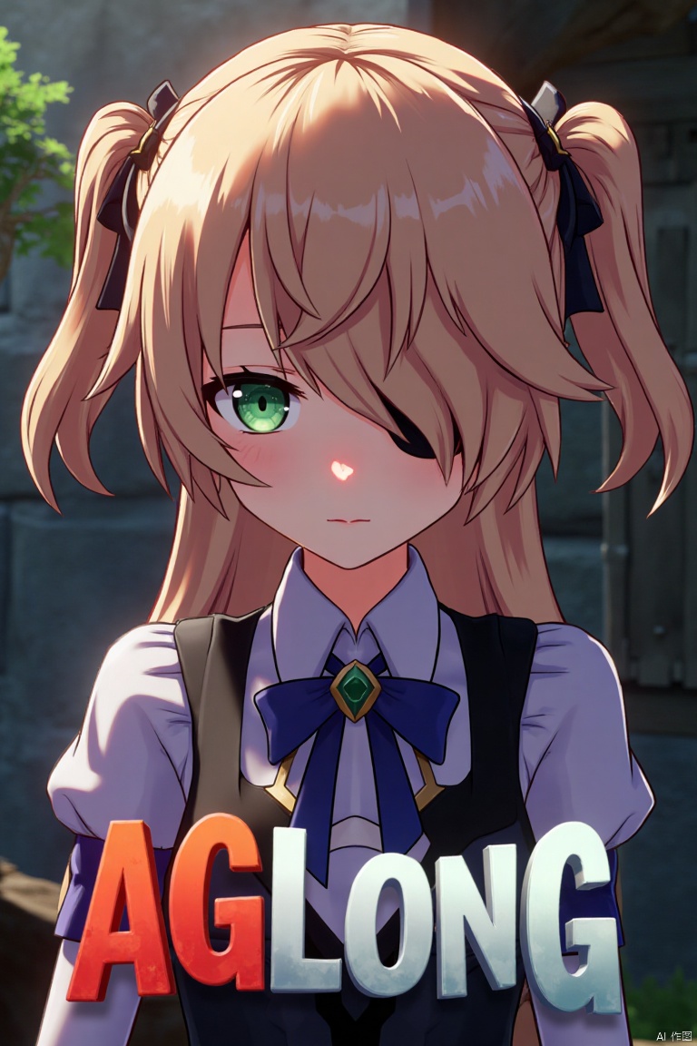 A solo girl with light brown, long hair styled two sides up, bangs, and green eyes, adorned with a hair ornament, bow, ribbon, and bowtie. Her hair is partially over one eye, and she wears an eyepatch. She is looking directly at the viewer, standing in a movie poster setting with three-dimensional text AGlong in the middle below. Cinematic lighting creates high contrast and sharp focus, enhancing a dynamic composition and detailed background. The atmosphere is dramatic and intense.