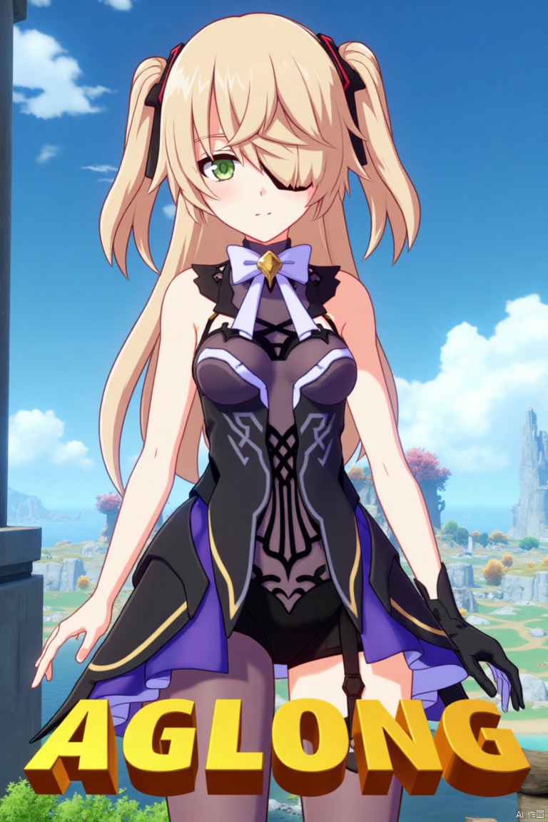 A solo blonde-haired girl with long hair, bangs, and green eyes, wearing a hair ribbon, bare shoulders, a single thigh-high, and a black glove. She is looking directly at the viewer, with an eyepatch over one eye. She wears a bow and bowtie, standing outdoors under a blue sky with clouds. The scene is framed as a movie poster, with three-dimensional text AGlong in the middle below. Cinematic lighting creates high contrast and sharp focus, emphasizing a dynamic composition and detailed background. The atmosphere is dramatic and intense.