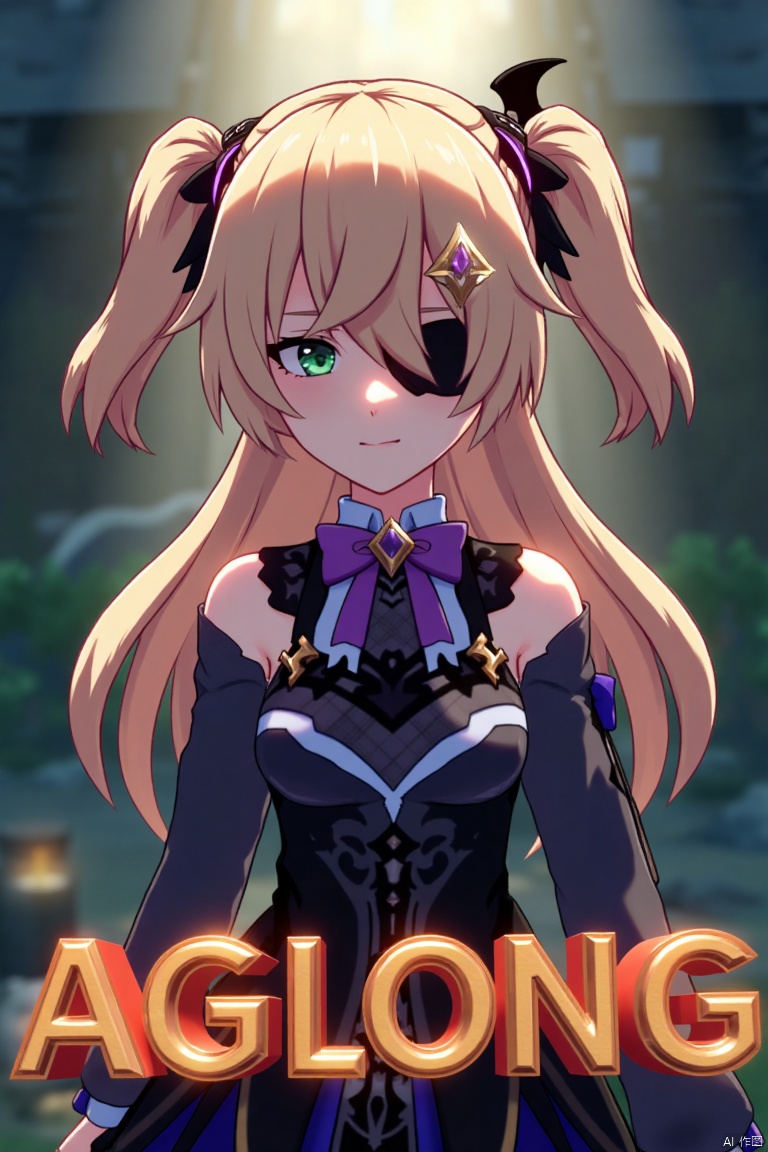 A solo girl with light brown, long hair styled two sides up, bangs, and green eyes, adorned with a hair ornament, bow, ribbon, and bowtie. Her hair is partially over one eye, and she wears an eyepatch. She is looking directly at the viewer, standing in a movie poster setting with three-dimensional text AGlong in the middle below. Cinematic lighting creates high contrast and sharp focus, enhancing a dynamic composition and detailed background. The atmosphere is dramatic and intense.