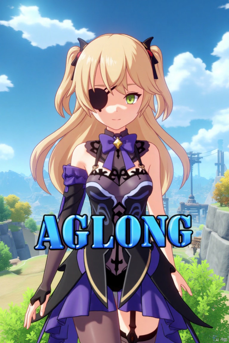 A solo blonde-haired girl with long hair, bangs, and green eyes, wearing a hair ribbon, bare shoulders, a single thigh-high, and a black glove. She is looking directly at the viewer, with an eyepatch over one eye. She wears a bow and bowtie, standing outdoors under a blue sky with clouds. The scene is framed as a movie poster, with three-dimensional text AGlong in the middle below. Cinematic lighting creates high contrast and sharp focus, emphasizing a dynamic composition and detailed background. The atmosphere is dramatic and intense.