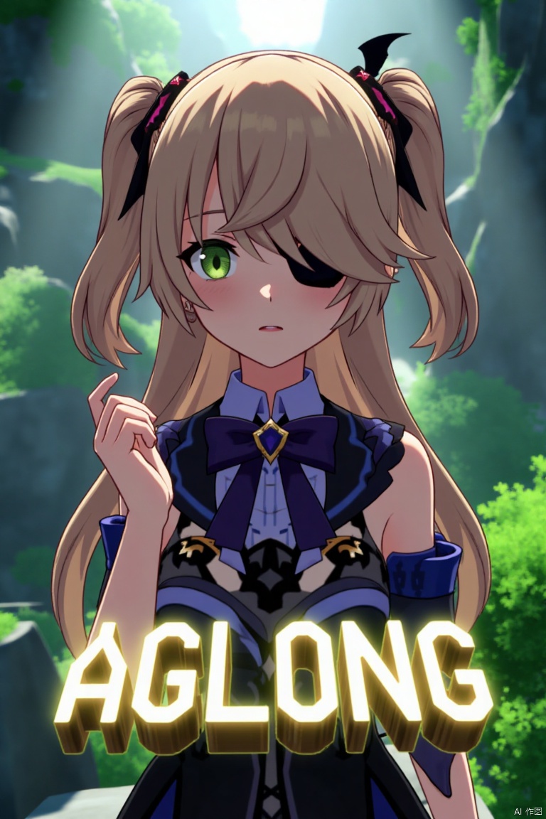 A solo girl with light brown, long hair styled two sides up, bangs, and green eyes, adorned with a hair ornament, bow, ribbon, and bowtie. Her hair is partially over one eye, and she wears an eyepatch. She is looking directly at the viewer, standing in a movie poster setting with three-dimensional text AGlong in the middle below. Cinematic lighting creates high contrast and sharp focus, enhancing a dynamic composition and detailed background. The atmosphere is dramatic and intense.