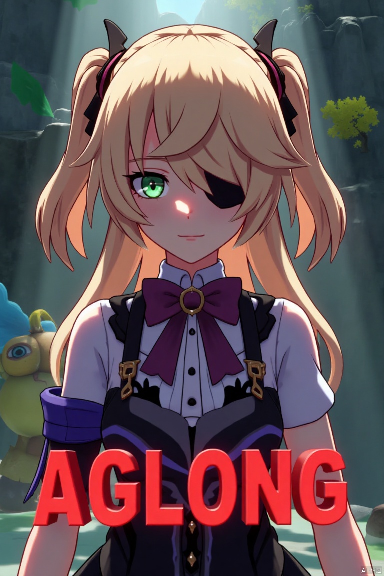 A solo girl with light brown, long hair styled two sides up, bangs, and green eyes, adorned with a hair ornament, bow, ribbon, and bowtie. Her hair is partially over one eye, and she wears an eyepatch. She is looking directly at the viewer, standing in a movie poster setting with three-dimensional text AGlong in the middle below. Cinematic lighting creates high contrast and sharp focus, enhancing a dynamic composition and detailed background. The atmosphere is dramatic and intense.